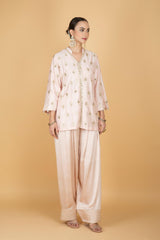 Nude Pink Mirror Butti Embroidered Short Kurta with Farsi Salwar & Printed Dupatta