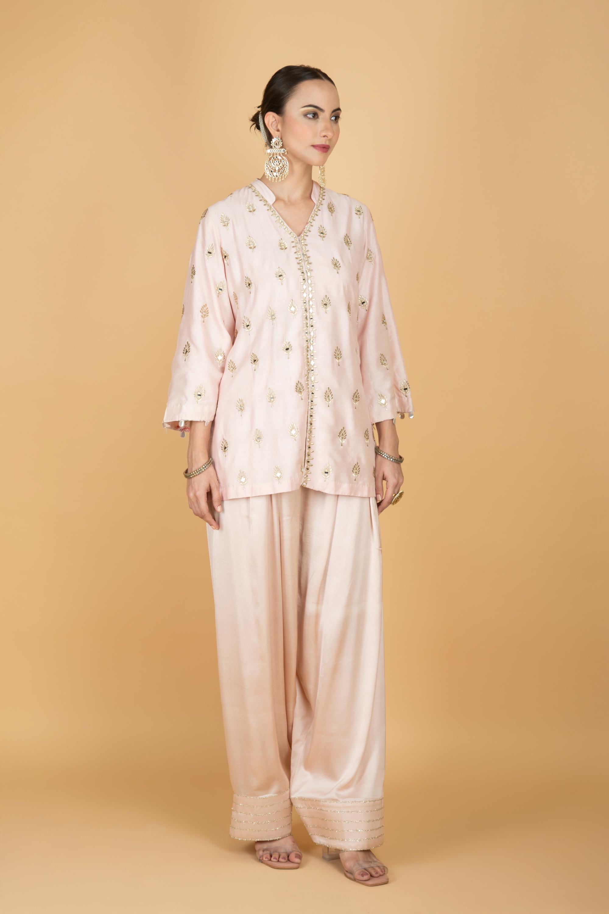Nude Pink Mirror Butti Embroidered Short Kurta with Farsi Salwar & Printed Dupatta