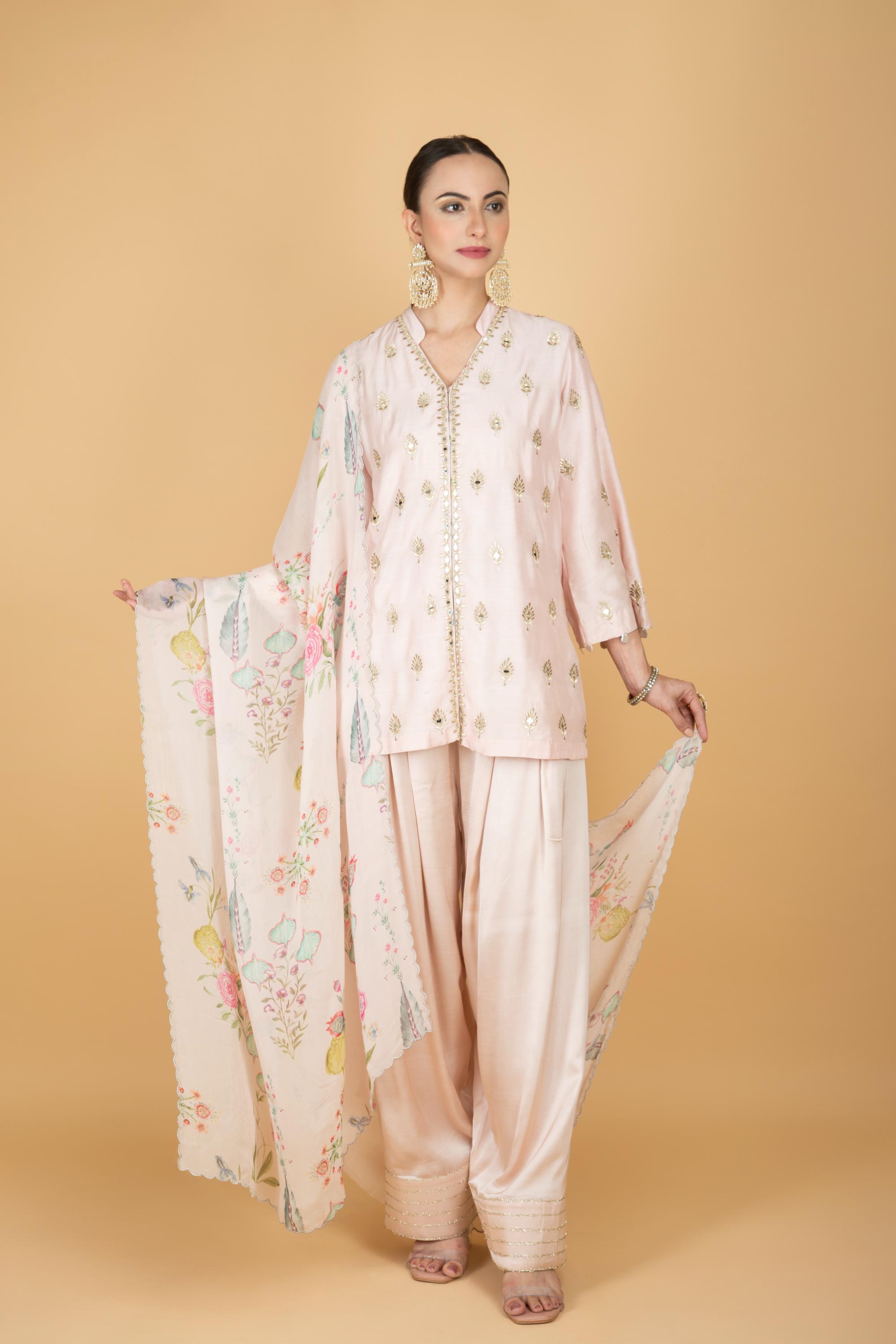 Nude Pink Mirror Butti Embroidered Short Kurta with Farsi Salwar & Printed Dupatta