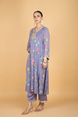 Purple Floral Print Mirror Embroiderd Kurta With Pants & Dupatta