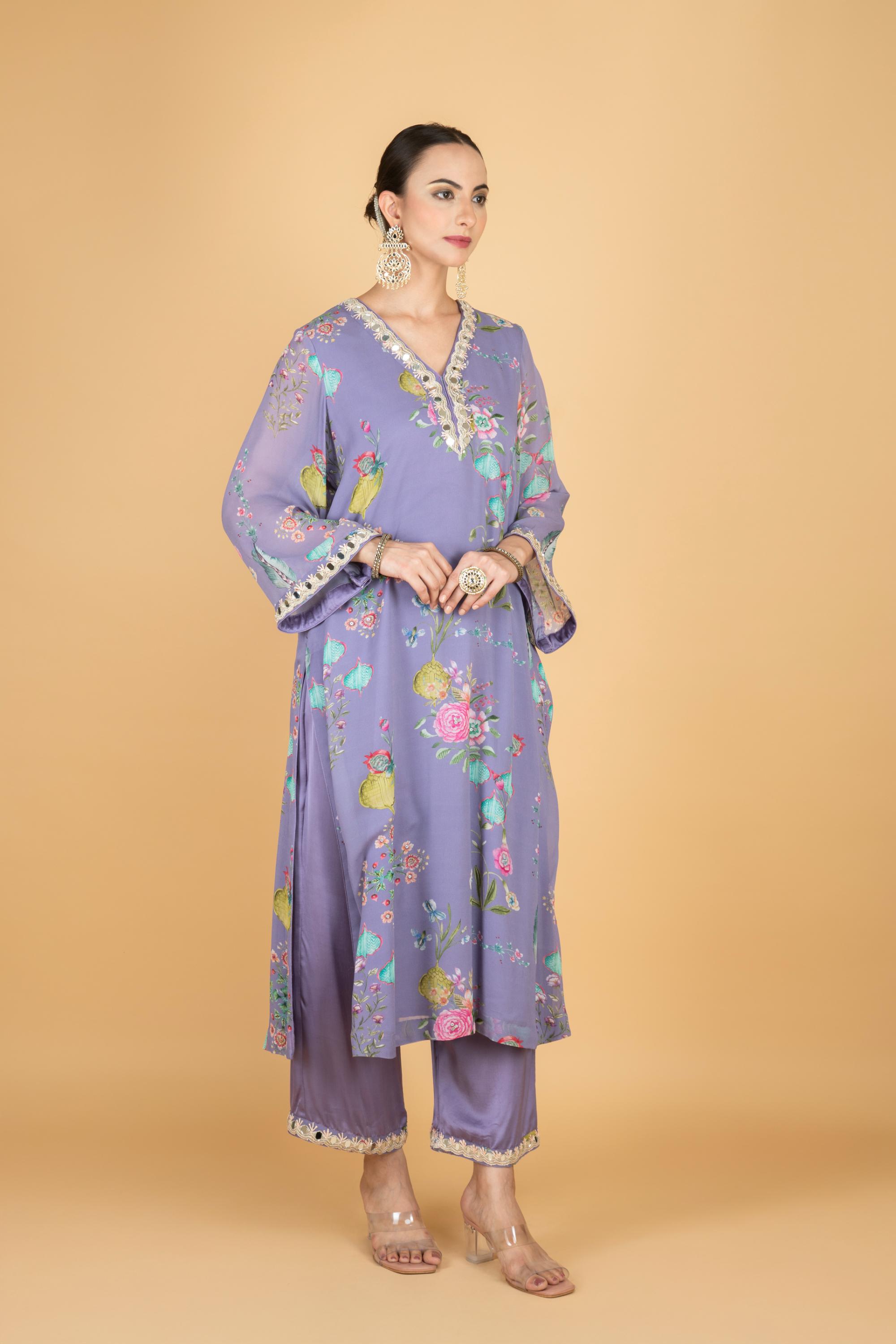 Purple Floral Print Mirror Embroiderd Kurta With Pants & Dupatta