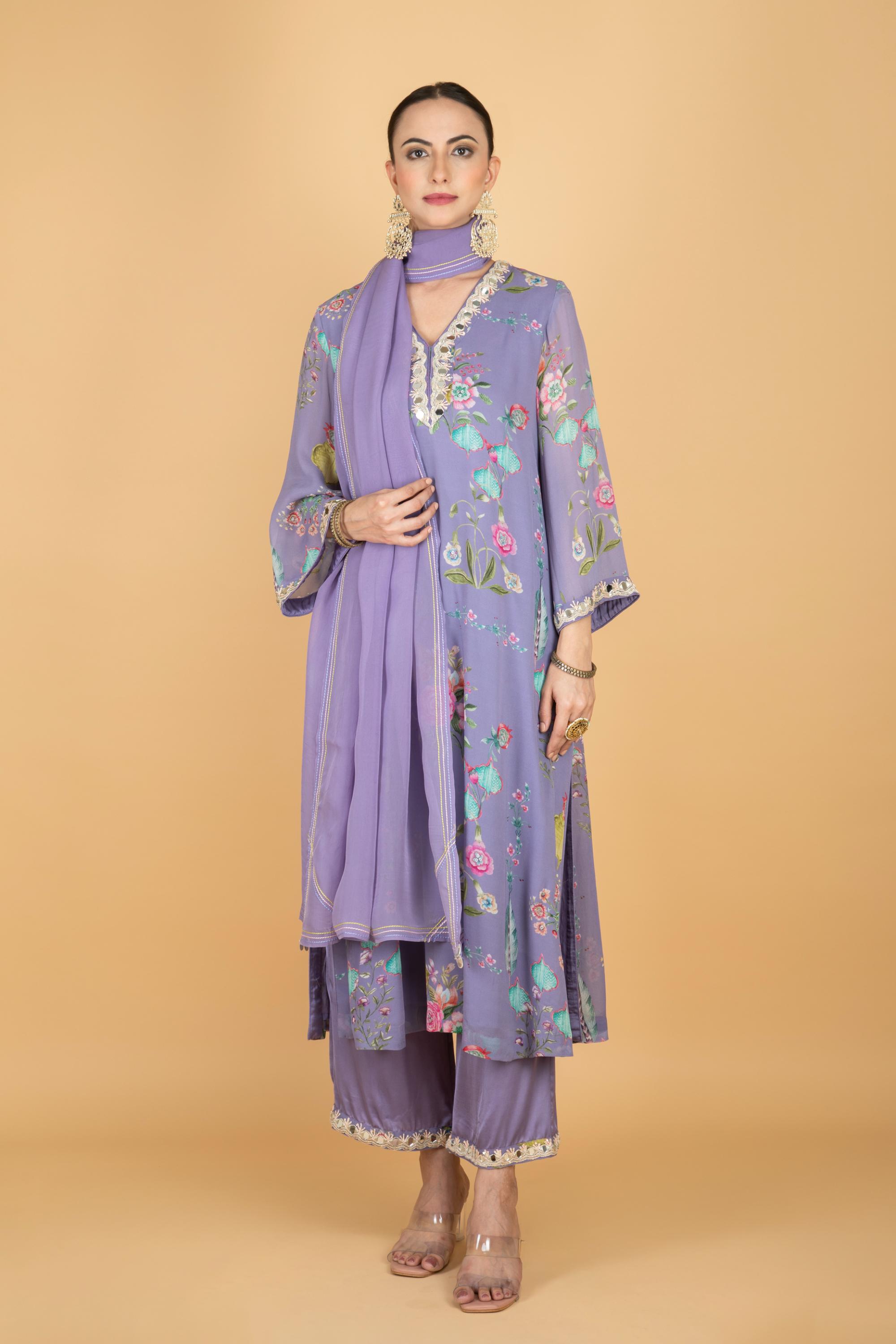 Purple Floral Print Mirror Embroiderd Kurta With Pants & Dupatta