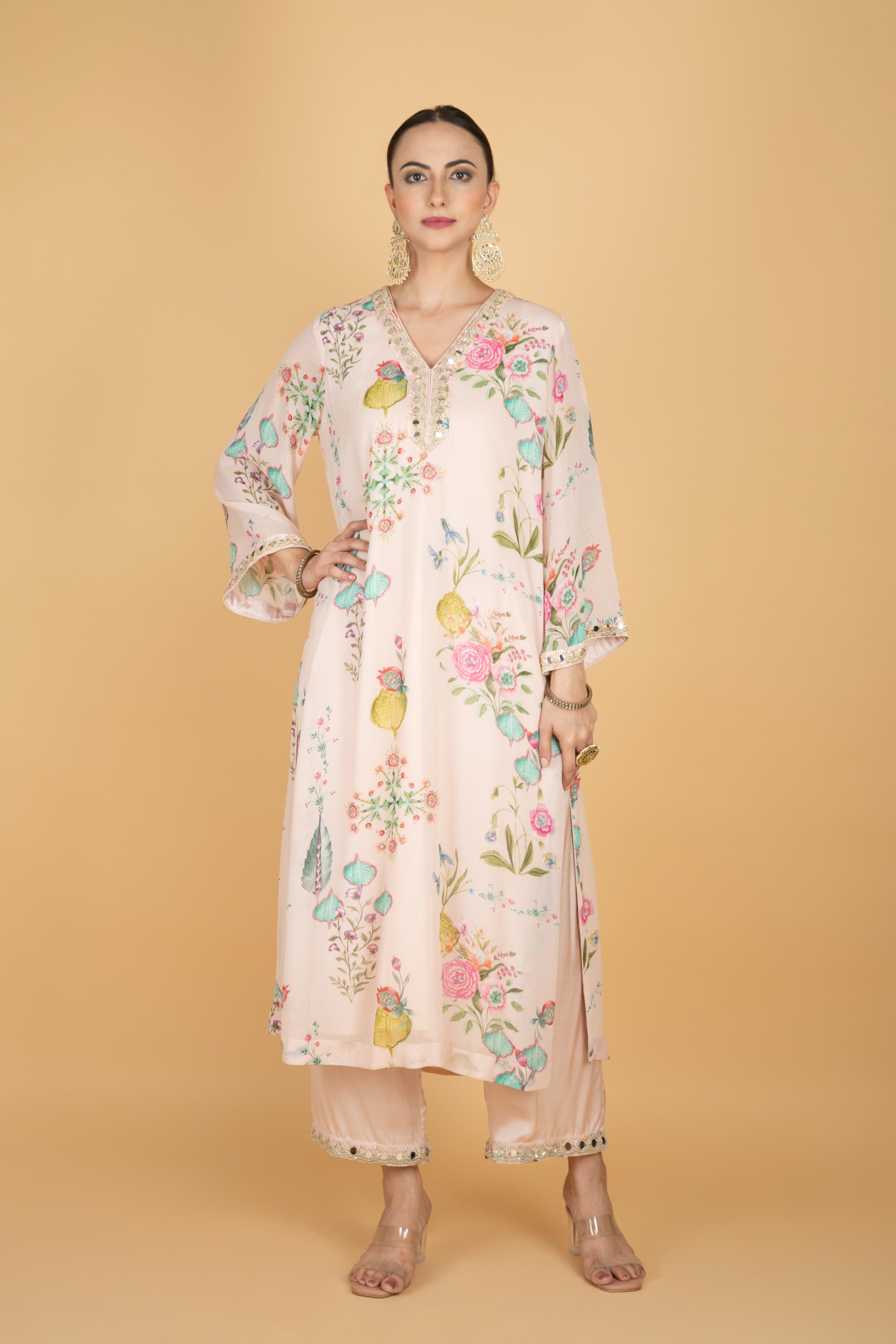Nude Pink Floral Print Mirror Embroidered Kurta With Pants & Dupatta