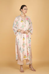 Nude Pink Floral Print Mirror Embroidered Kurta With Pants & Dupatta