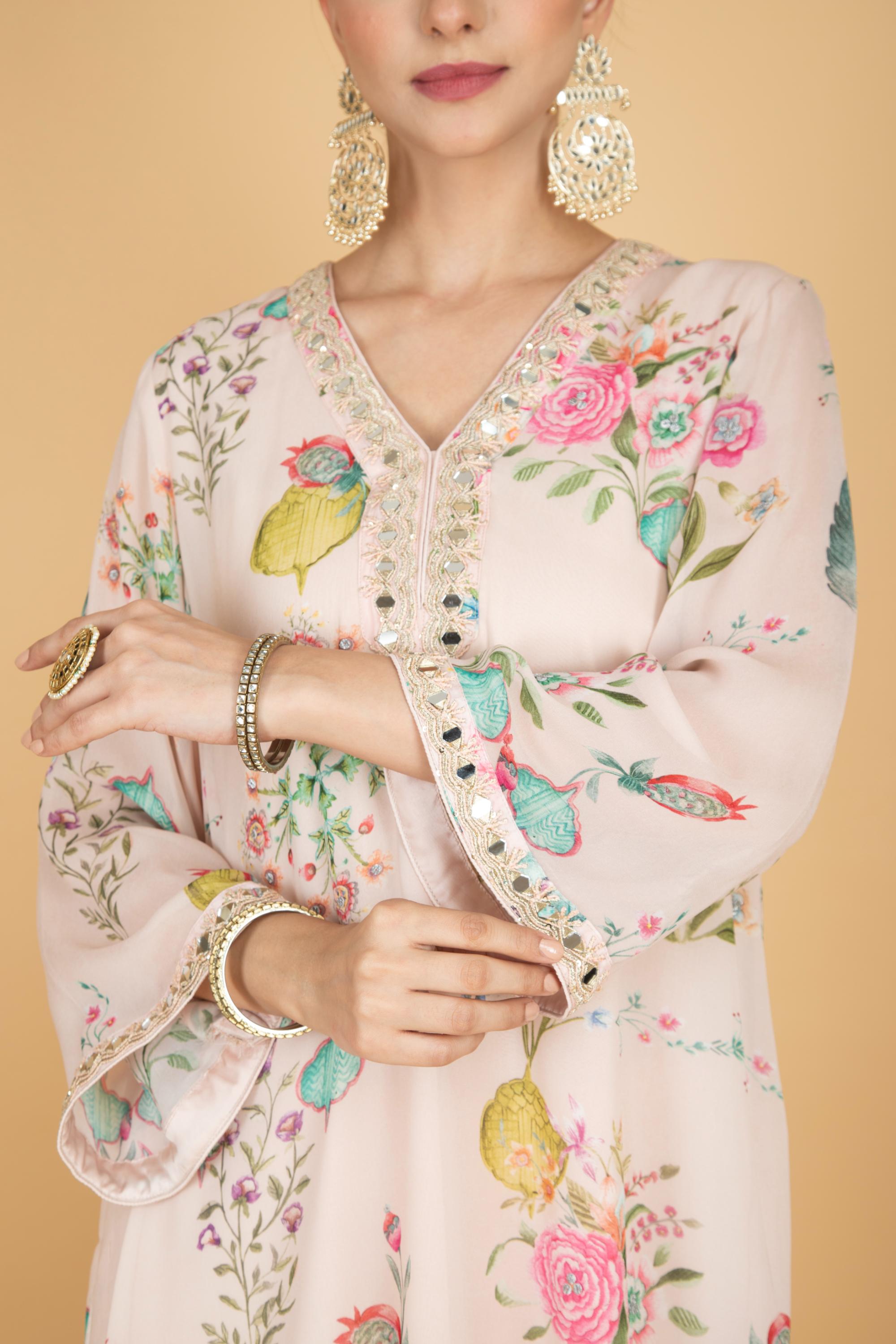 Nude Pink Floral Print Mirror Embroidered Kurta With Pants & Dupatta