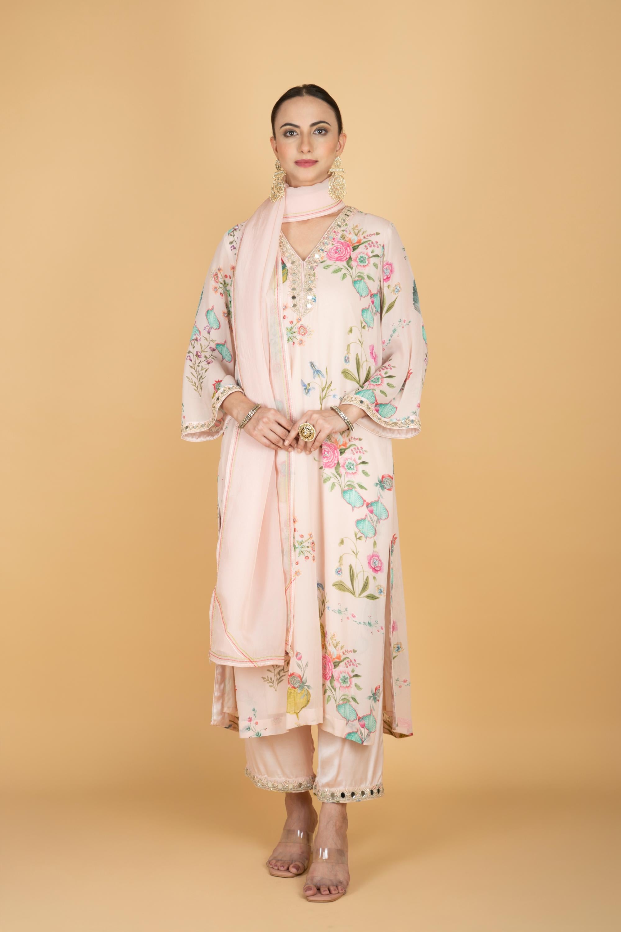 Nude Pink Floral Print Mirror Embroidered Kurta With Pants & Dupatta