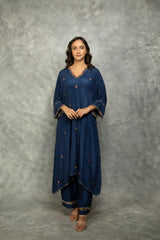 Blue High Low Low Mirror Work Kaftaan Set