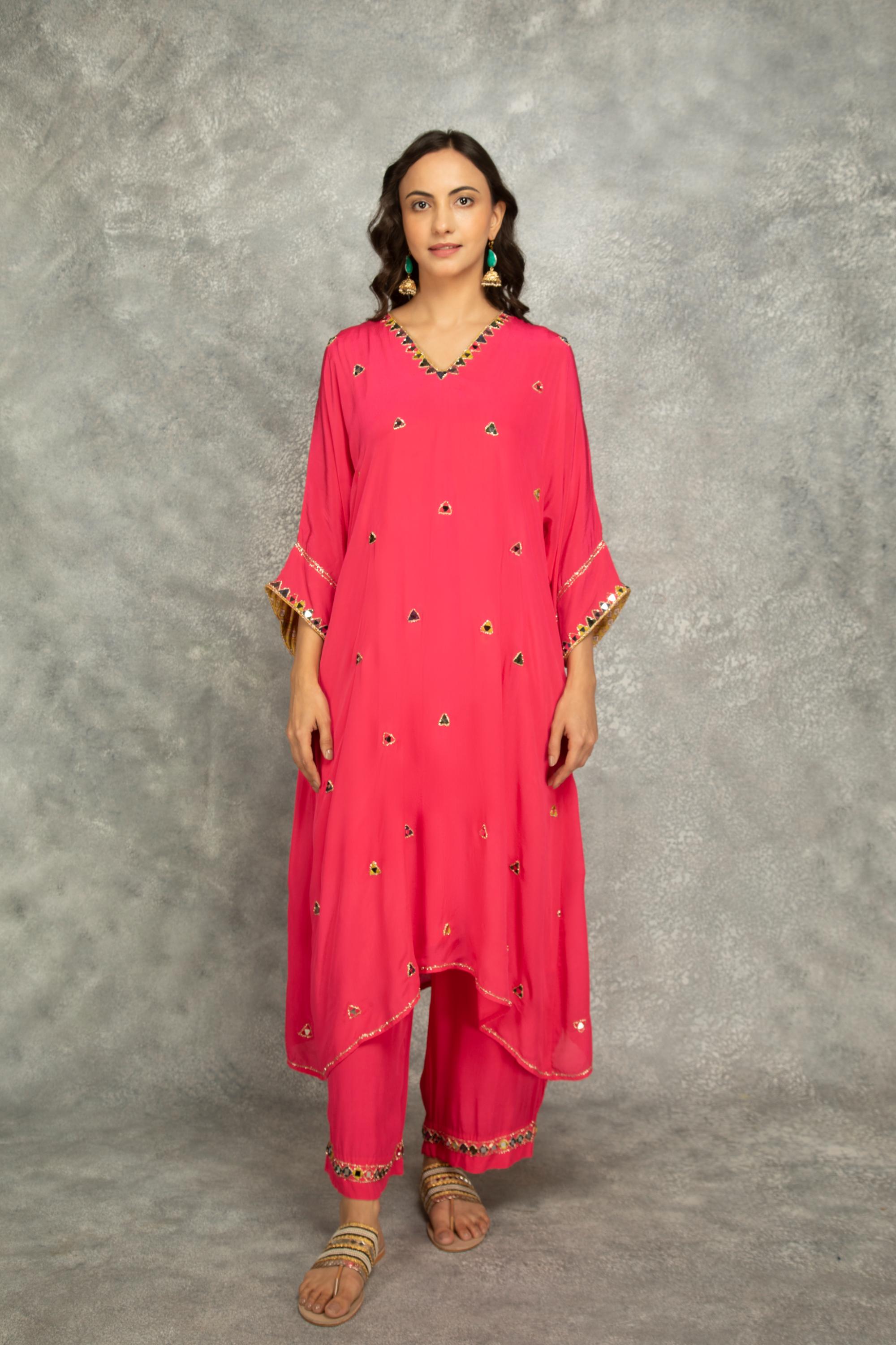 FushiaHigh Low Low Mirror Work Kaftaan Set