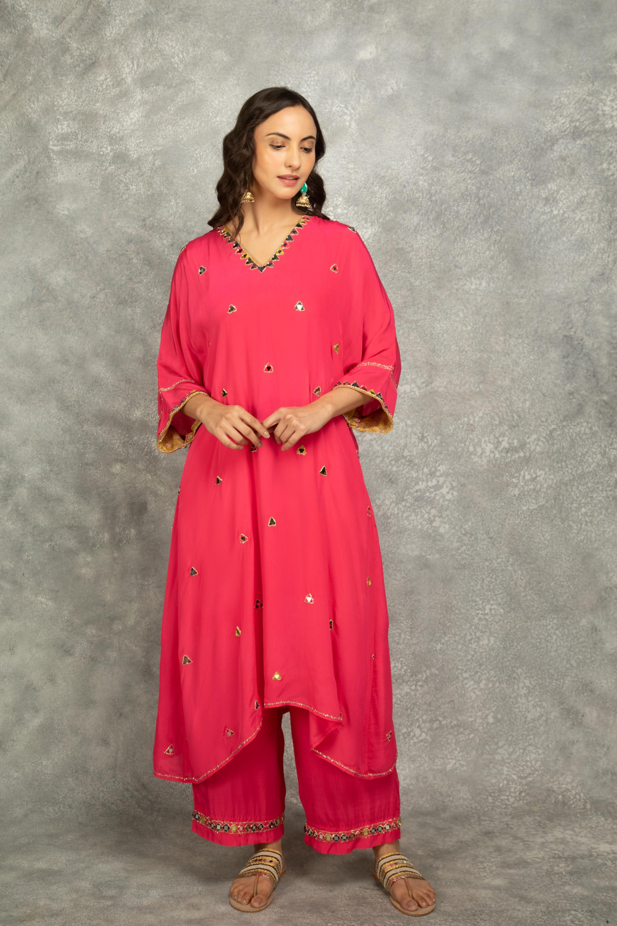 FushiaHigh Low Low Mirror Work Kaftaan Set