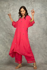 FushiaHigh Low Low Mirror Work Kaftaan Set