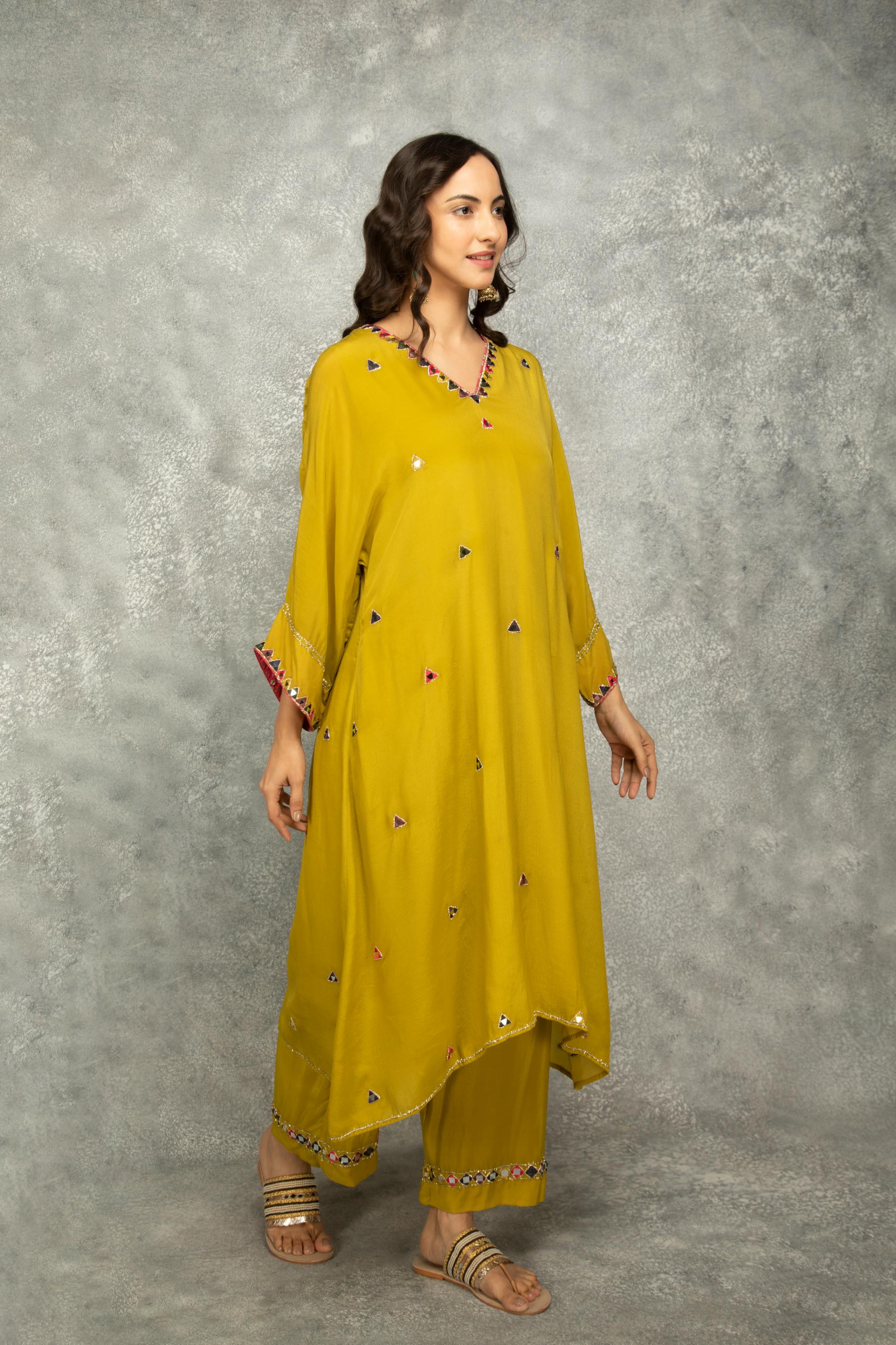 Mustard Green High Low Low Mirror Work Kaftaan Set