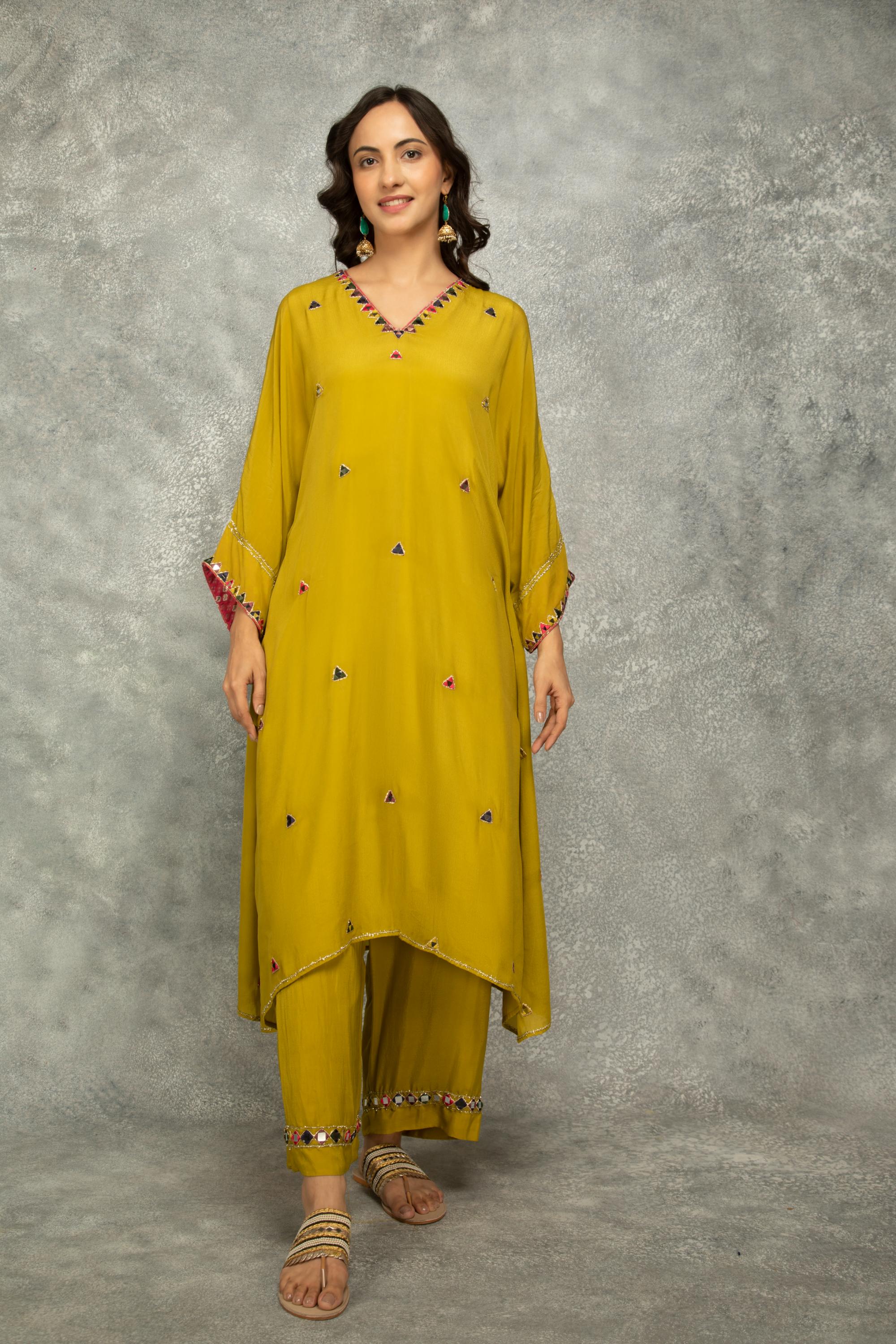 Mustard Green High Low Low Mirror Work Kaftaan Set