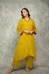 Mustard Green High Low Low Mirror Work Kaftaan Set