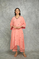 Peach High Low Low Mirror Work Kaftaan Set