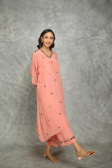 Peach High Low Low Mirror Work Kaftaan Set