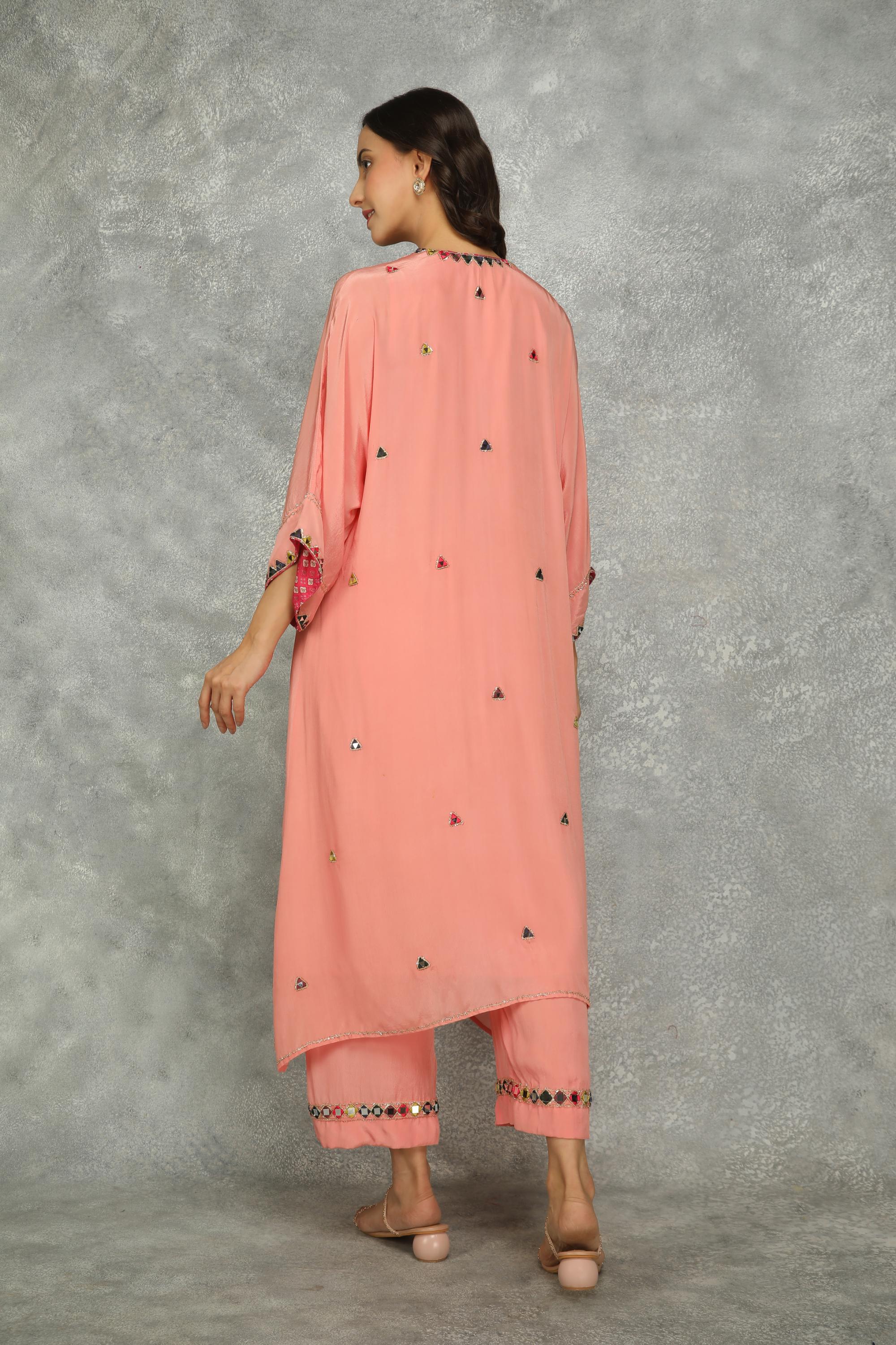 Peach High Low Low Mirror Work Kaftaan Set