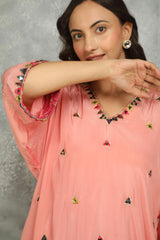 Peach High Low Low Mirror Work Kaftaan Set