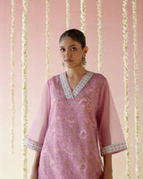 Mulberry Pink Long Kurta with Blockprinted Slip and Flared Pants- Set of 2