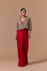 RED DRAPED INDOWESTERN SAREE WITH NUDE JACKET