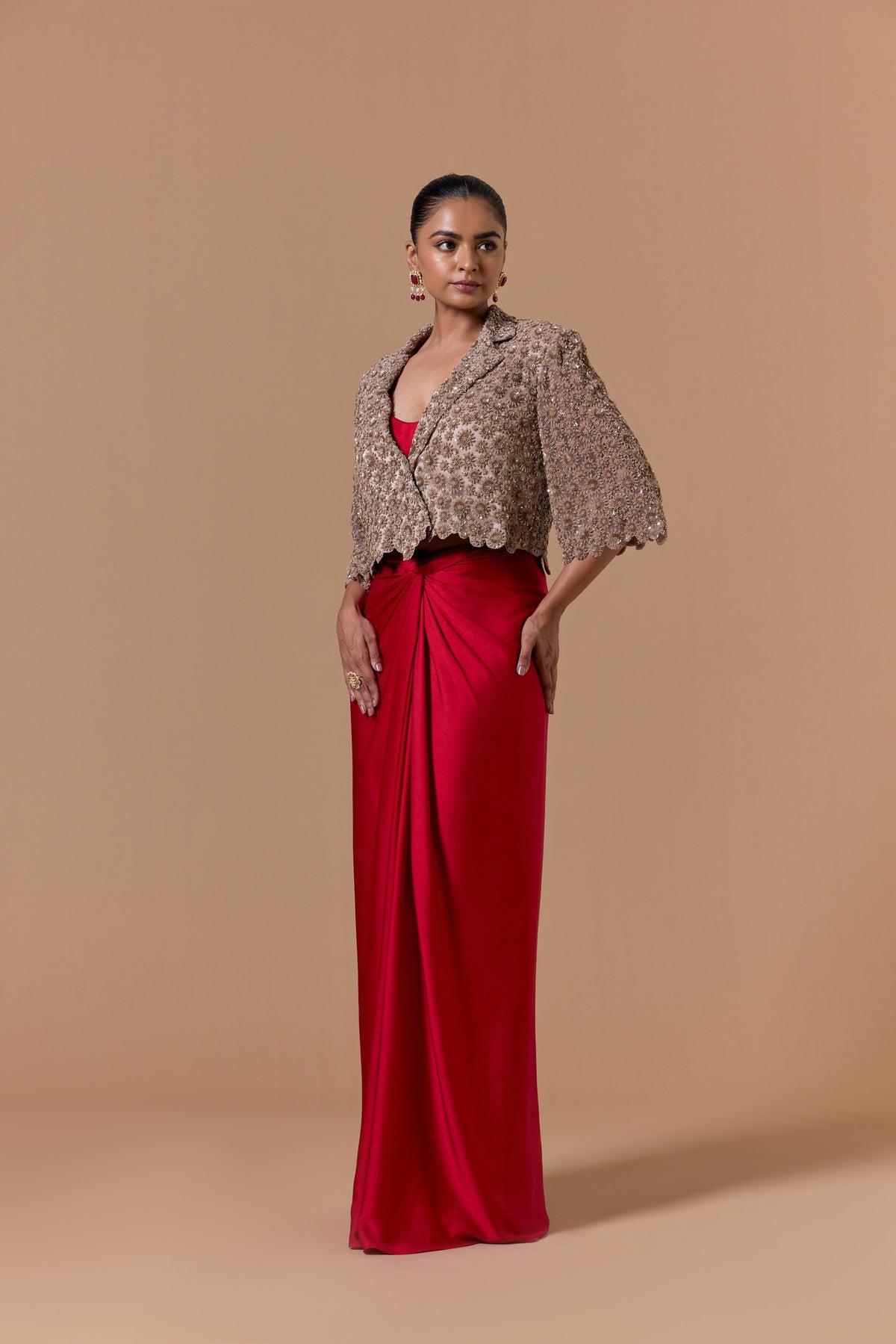 RED DRAPED INDOWESTERN SAREE WITH NUDE JACKET