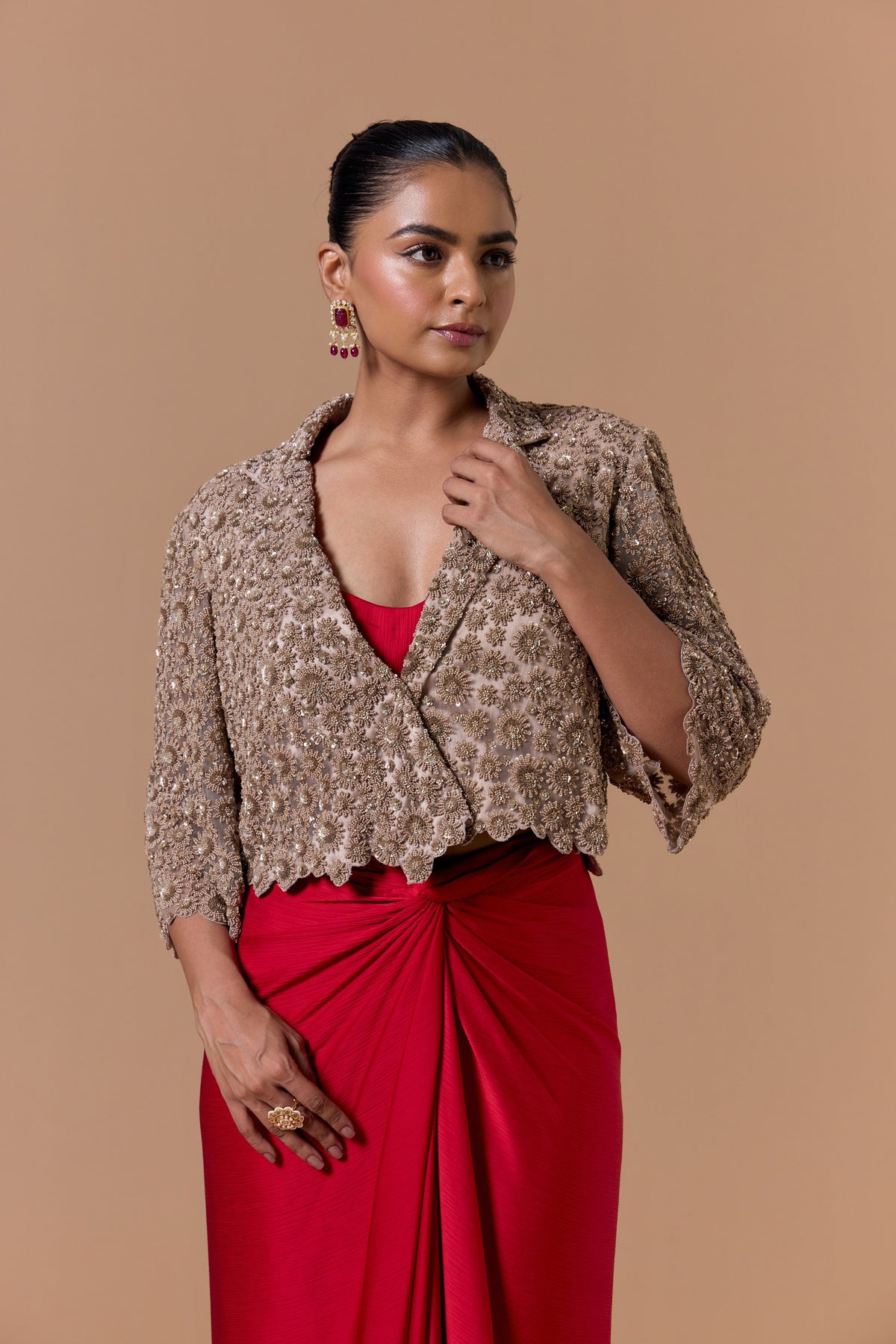 RED DRAPED INDOWESTERN SAREE WITH NUDE JACKET