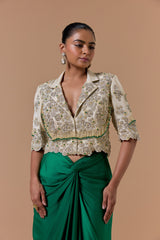 GREEN DRAPED INDOWESTERN SAREE WITH TISSUE JACKET