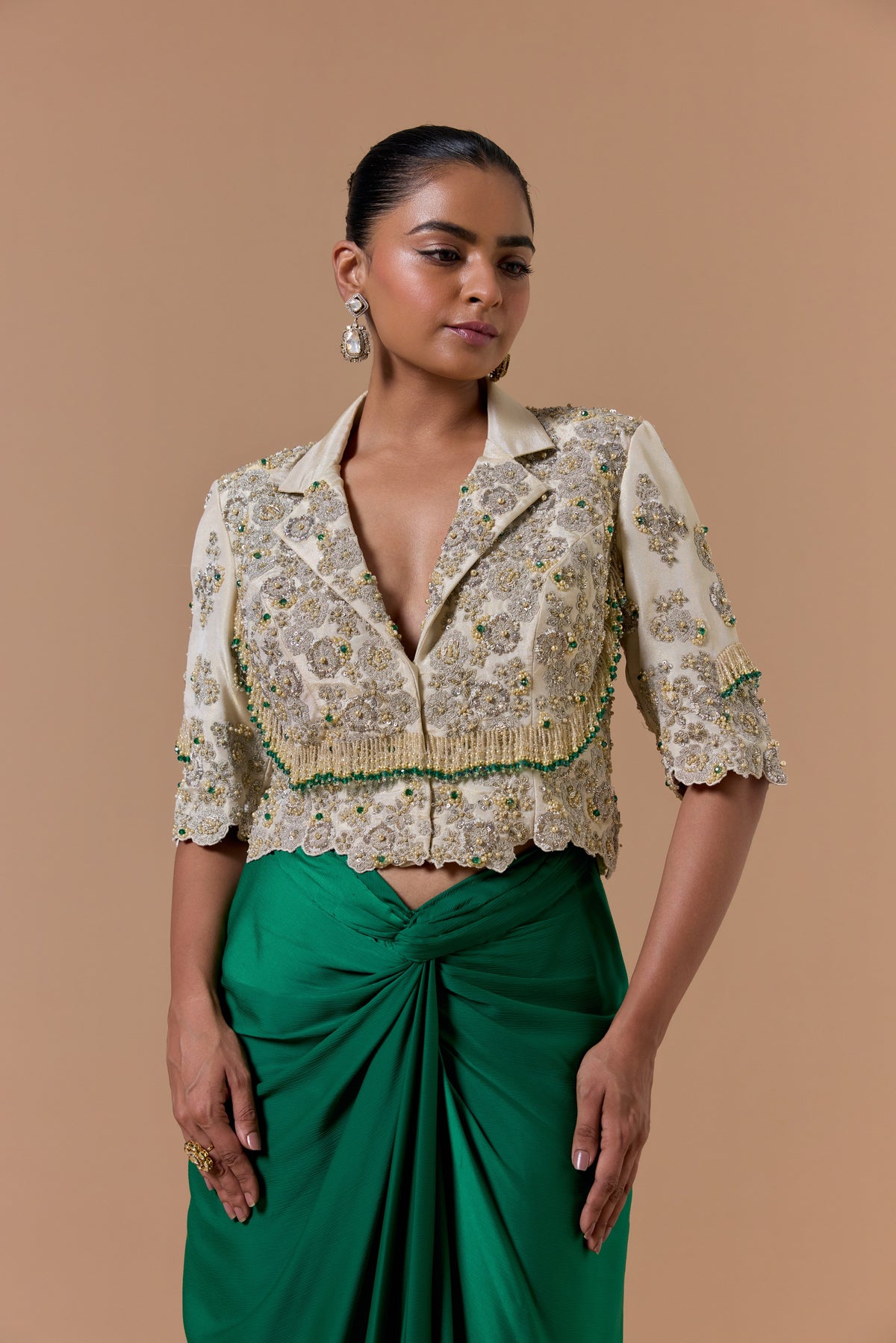 GREEN DRAPED INDOWESTERN SAREE WITH TISSUE JACKET