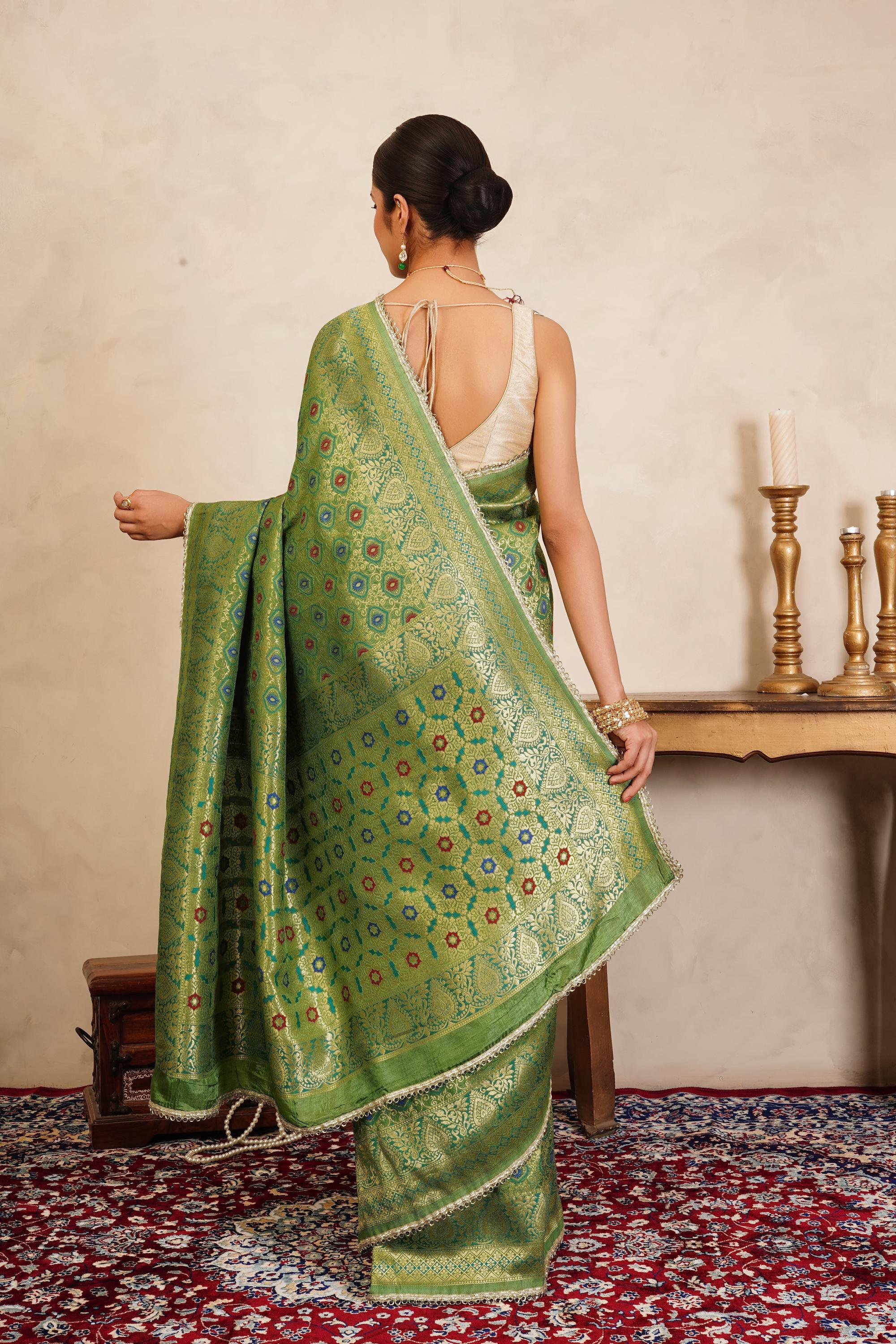 Pista Green Pure Silk Brocade Banarasi Meenakari Handloom Saree