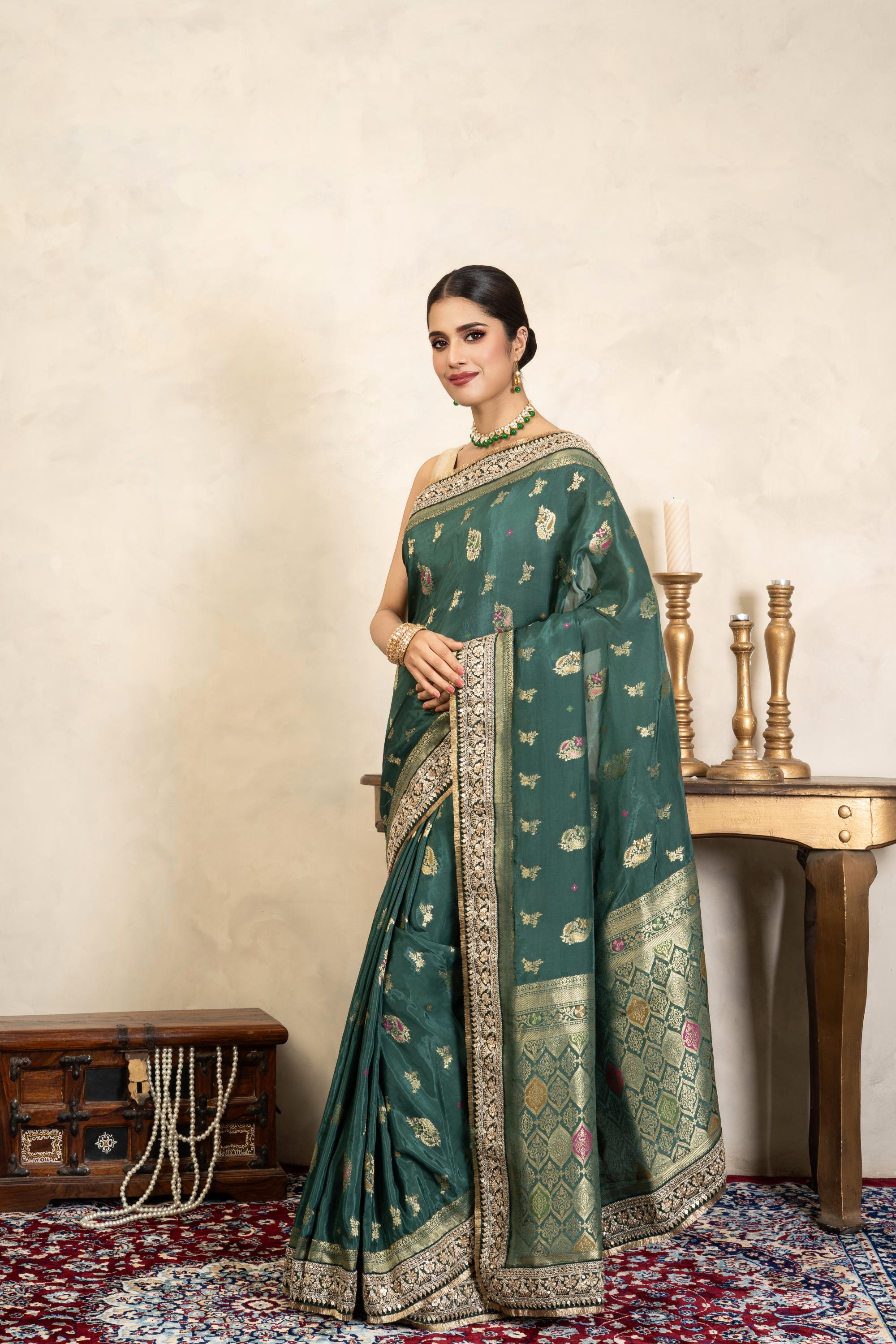 Teal Green Pure Katan Silk Banarasi Handloom Saree
