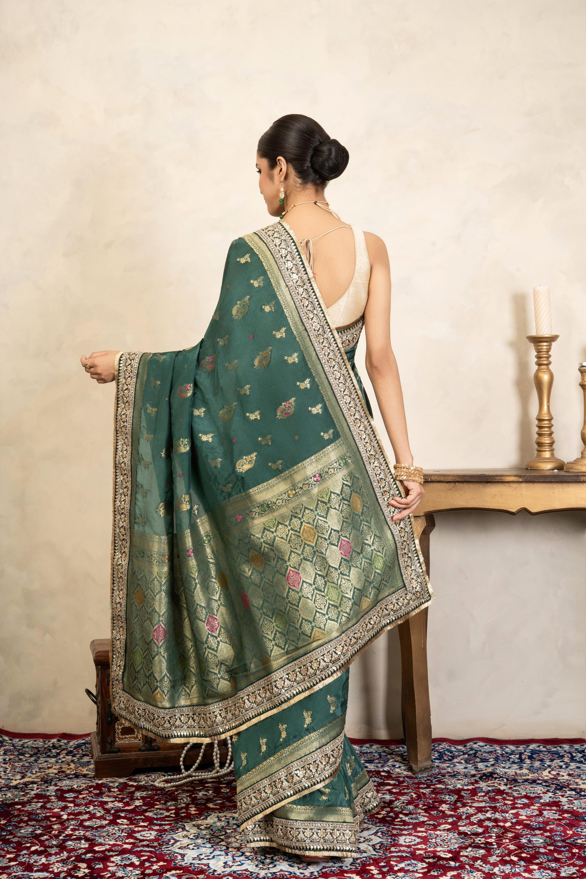 Teal Green Pure Katan Silk Banarasi Handloom Saree