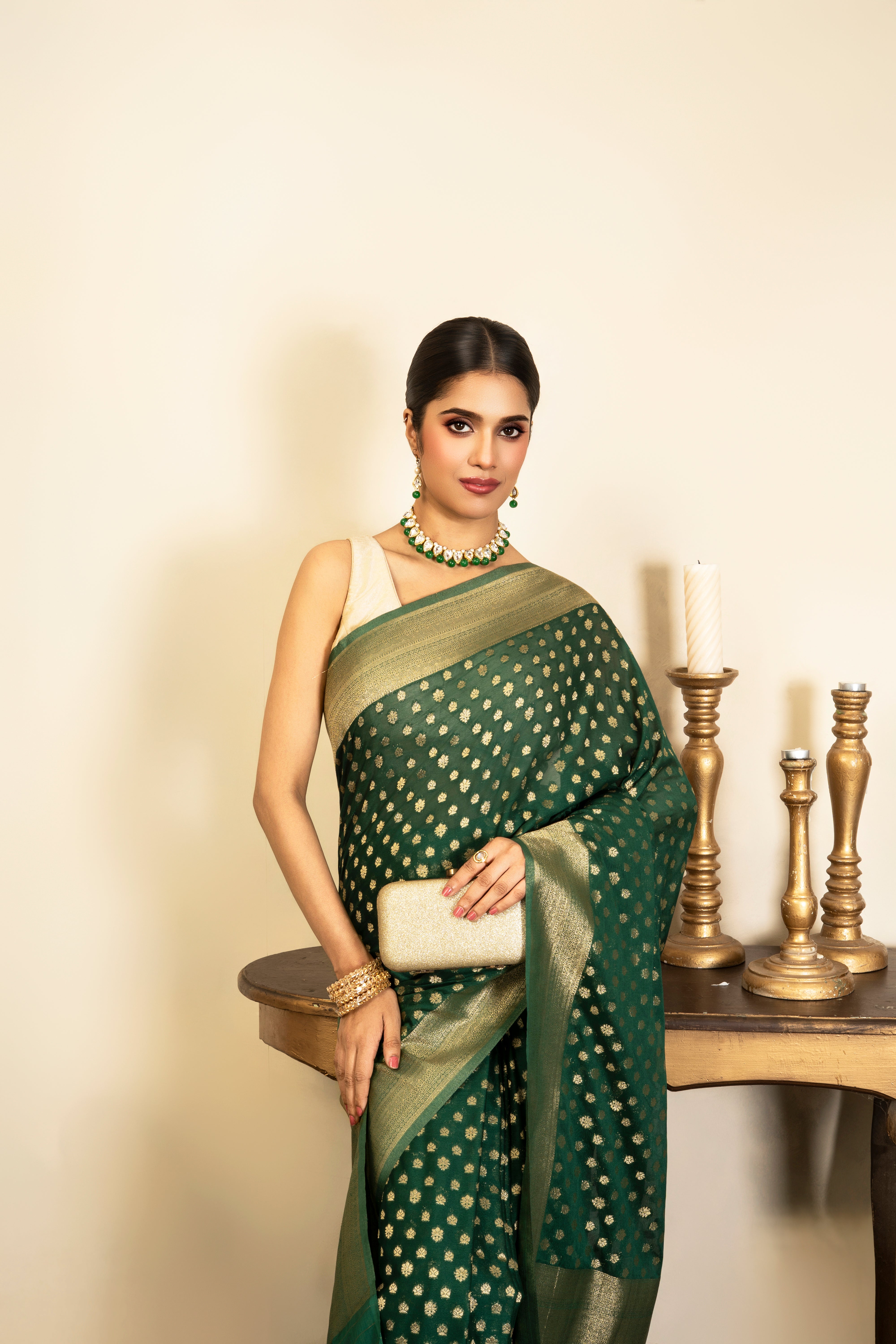 Bottle Green Pure Chiffon Banarasi Handloom Saree