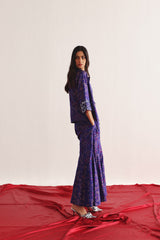 PURPLE PATOLA BLAZER WITH BOOTCUT AND BANDEAU SET