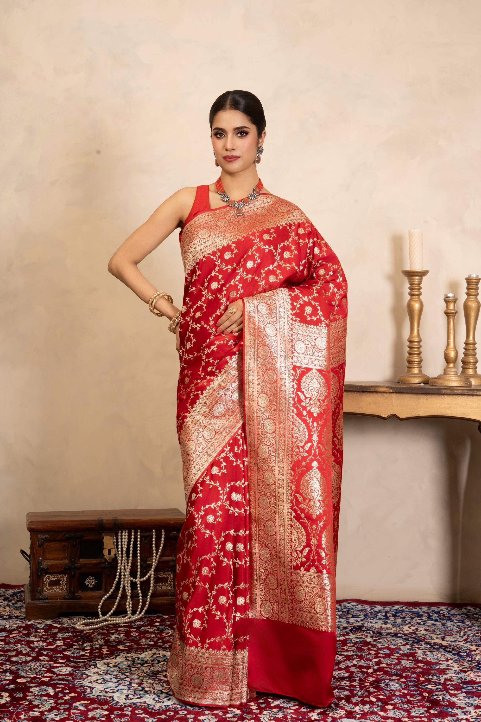 Red Pure Katan Satin silk Banarasi Handloom Saree