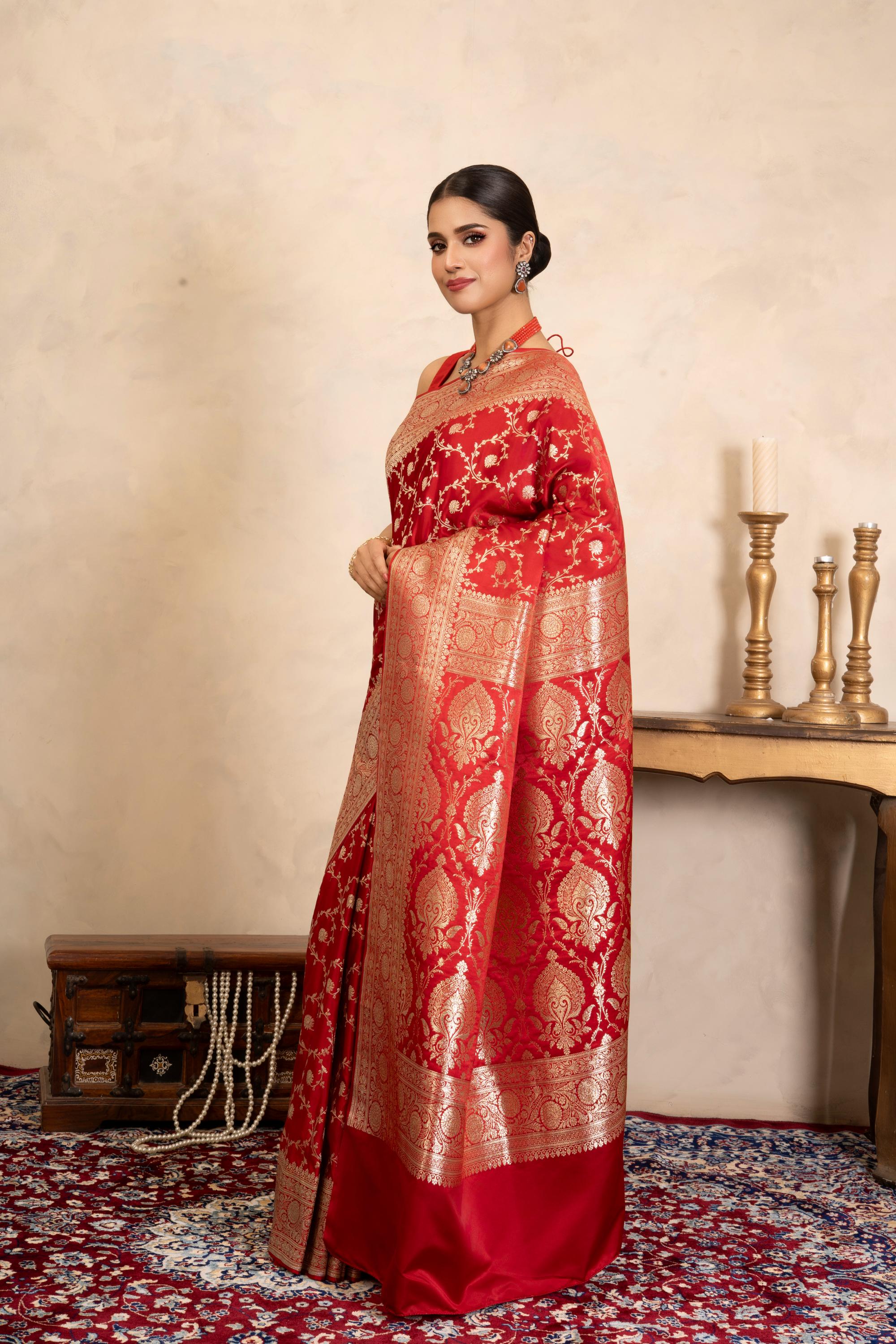 Red Pure Katan Satin silk Banarasi Handloom Saree