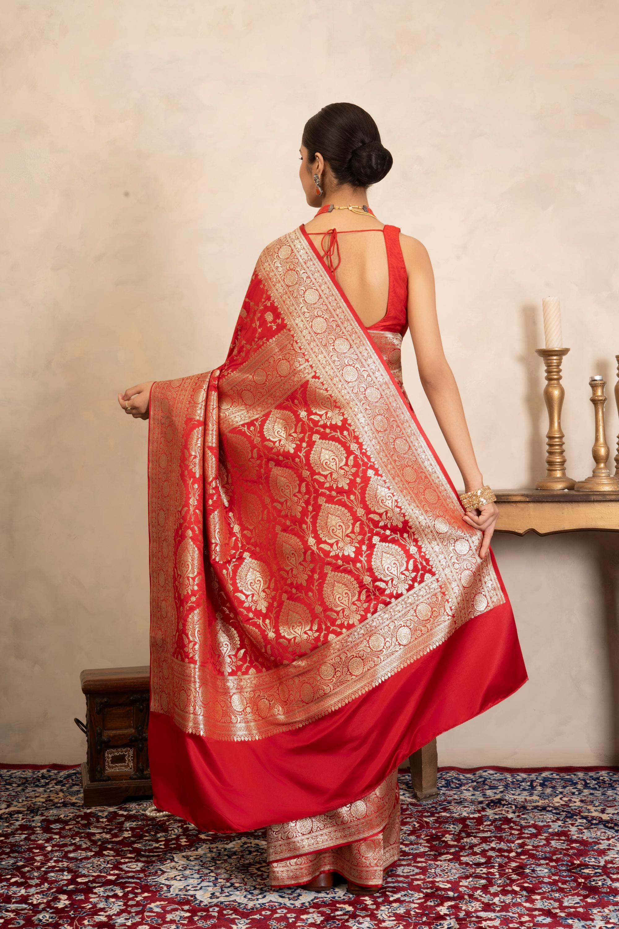 Red Pure Katan Satin silk Banarasi Handloom Saree