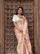 Onion Pink Pure Chiffon Banarasi Silk Handloom Saree