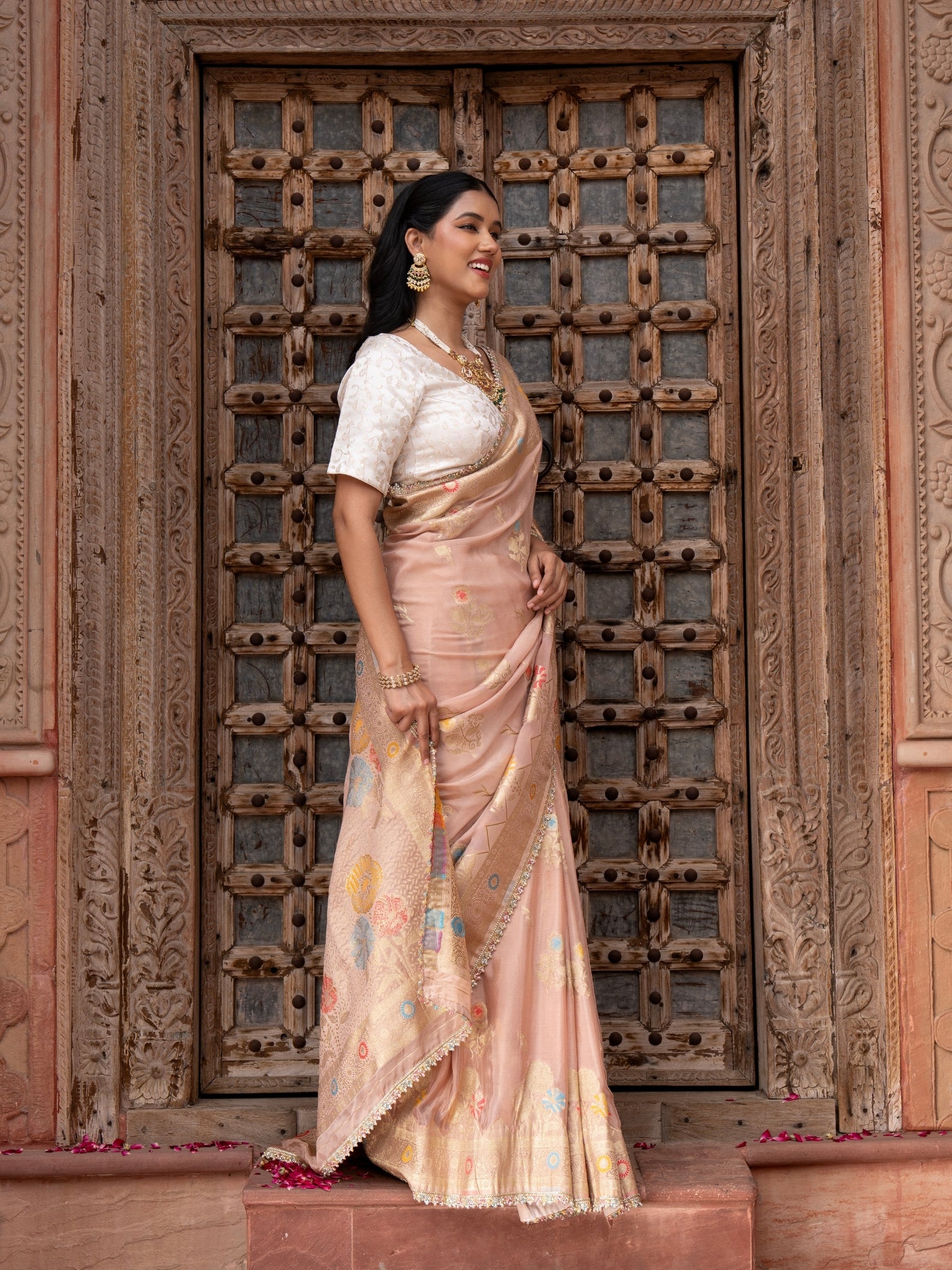 Onion Pink Pure Chiffon Banarasi Silk Handloom Saree