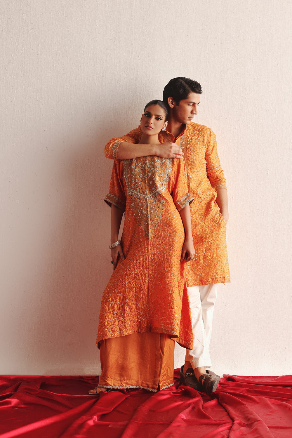 MANDARIN CRUSHED BANDHANI KURTA WITH MARODIWORK