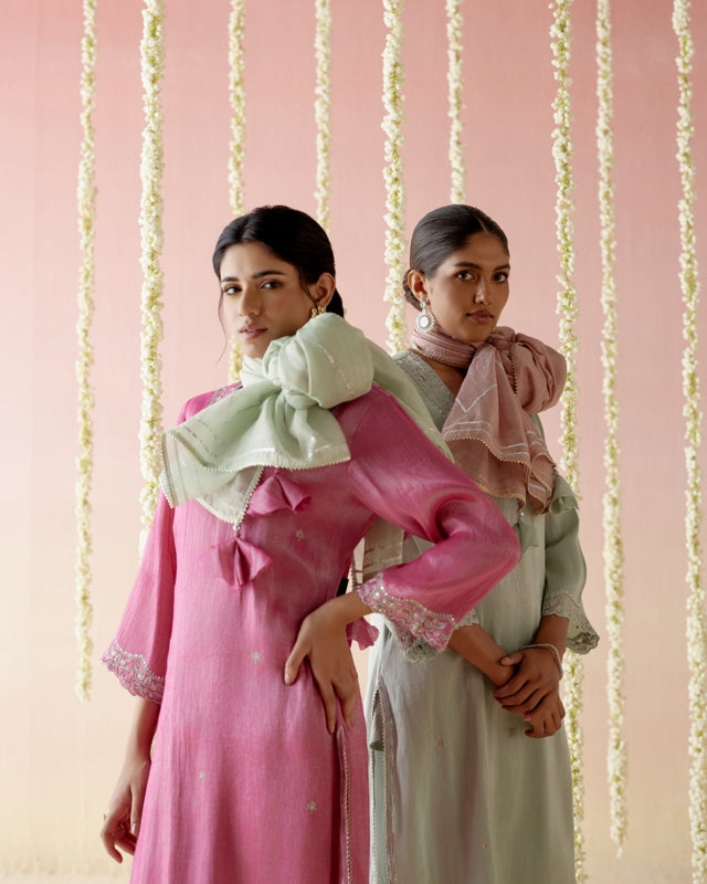 Peony Pink Tissue Kurta with 
Narrow Pants & Dupatta - Set of 3