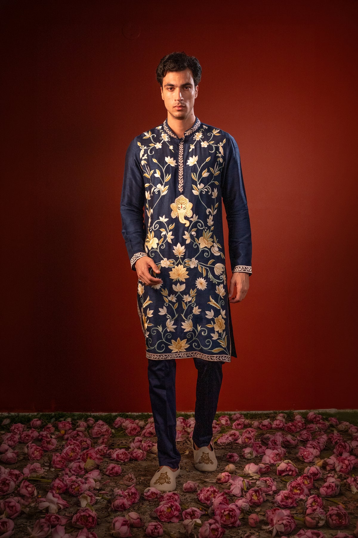 Anant — Navy Hand Embroidered Falling Raw Silk Kurta