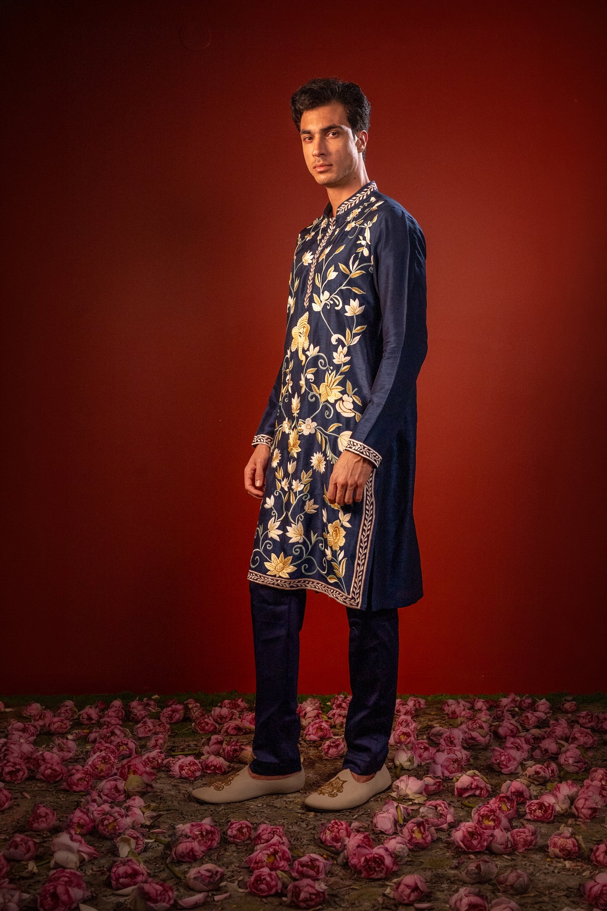 Anant — Navy Hand Embroidered Falling Raw Silk Kurta