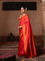 Cherry Red Pure Katan Silk Banarasi Handloom Saree