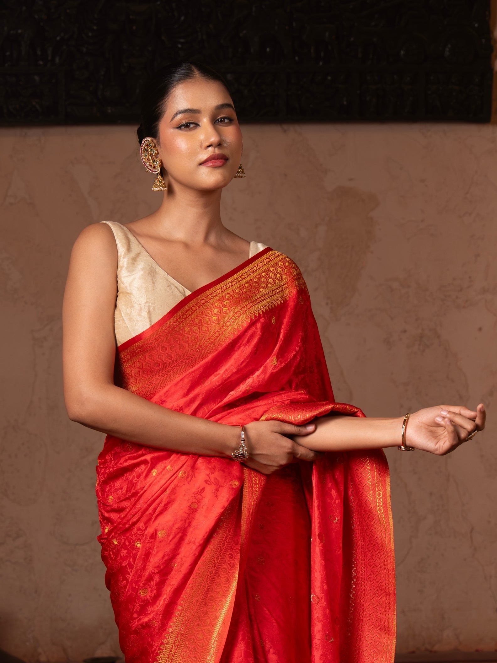 Cherry Red Pure Katan Silk Banarasi Handloom Saree