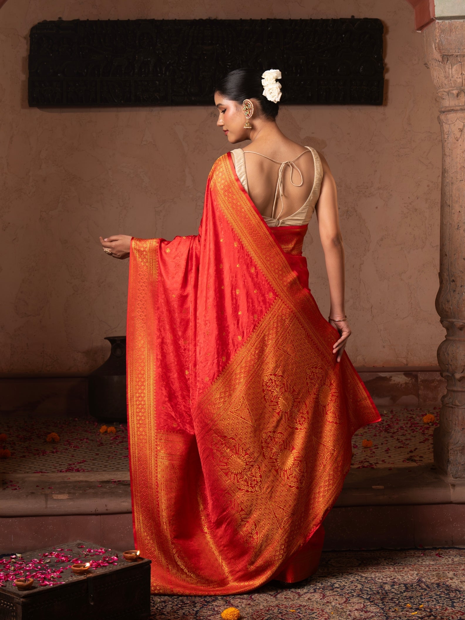 Cherry Red Pure Katan Silk Banarasi Handloom Saree