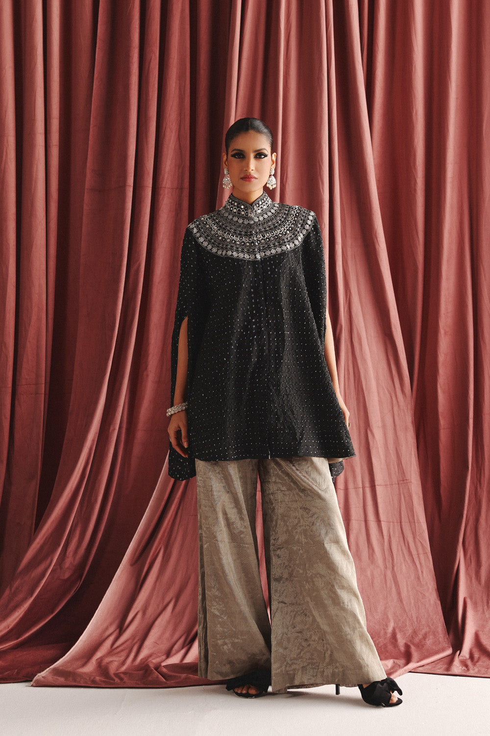 Marodiwork Crushed Silk Bandhani Cape with Palazzos