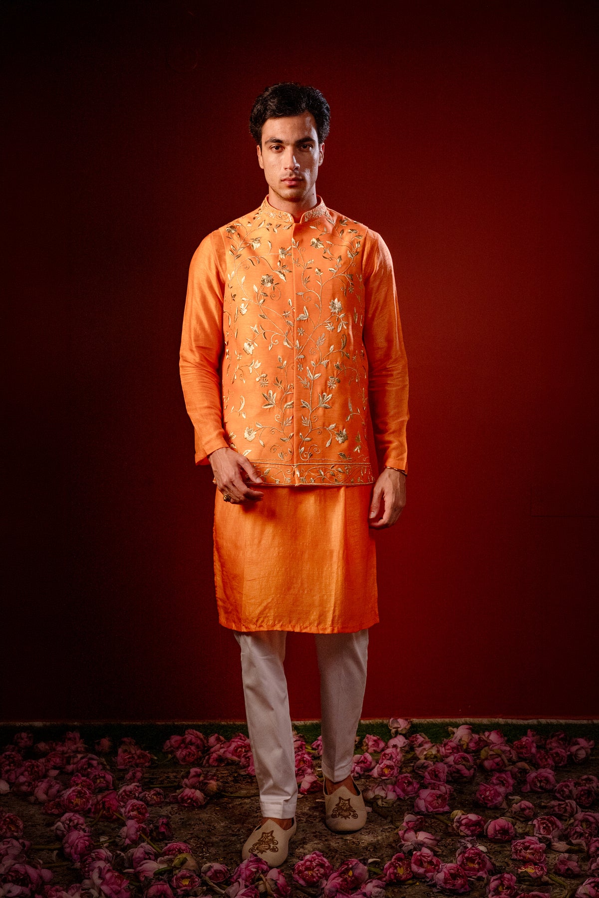 Dhew — Orange Hand Embroidered Falling Raw Silk Nehru Jacket Set