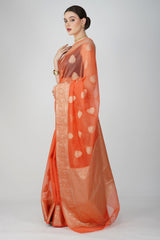 Peach Kora Organza Silk Banarasi Handloom Saree