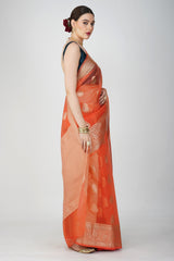 Peach Kora Organza Silk Banarasi Handloom Saree