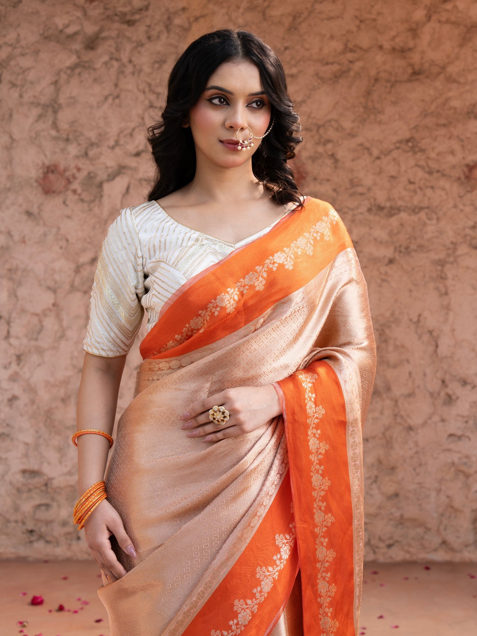 Orange Pure Tissue Silk Banarasi Brocade Handloom Saree