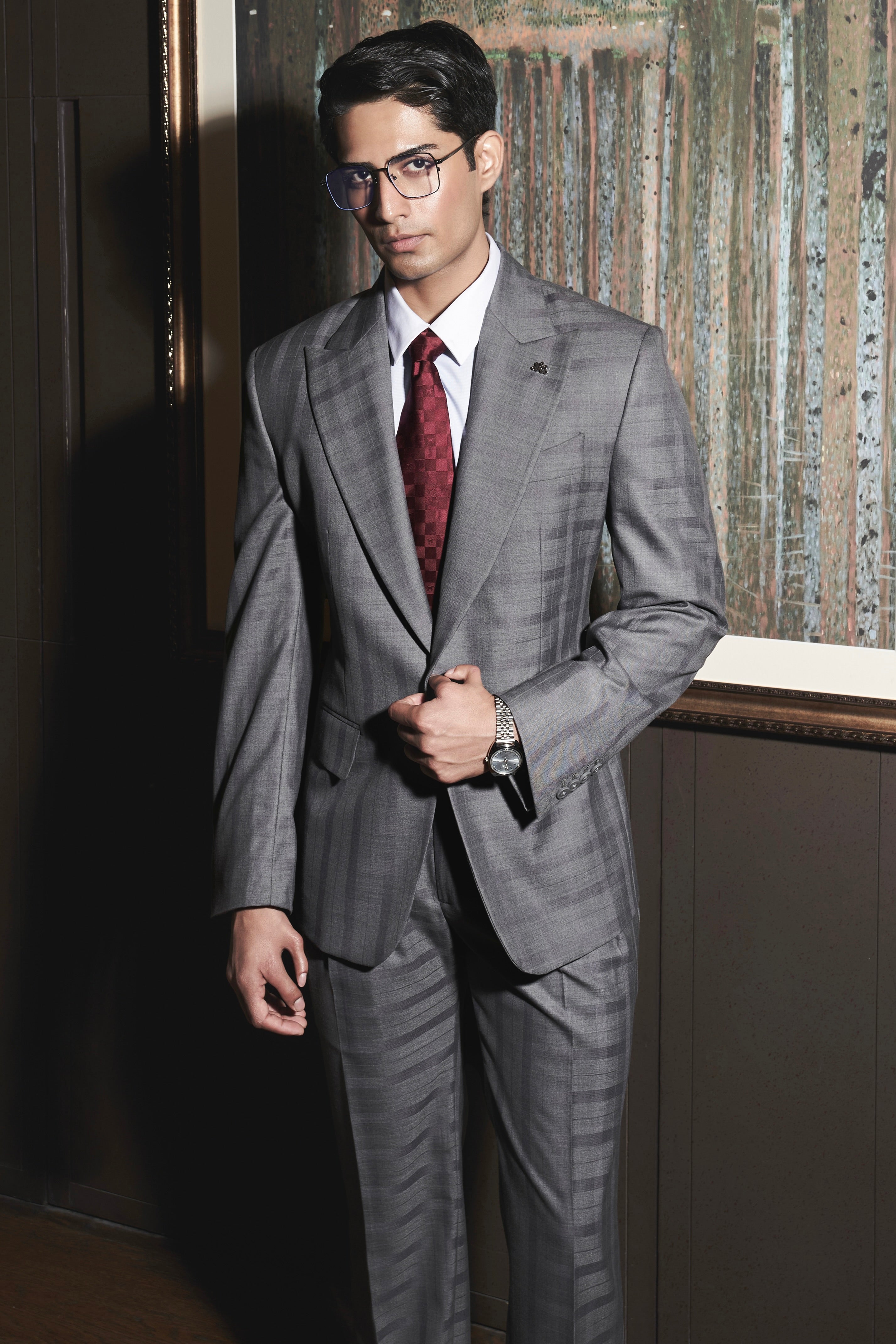 Steel Grey Self-Checkered Statement Suit